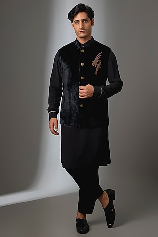 Black Silk Velvet Dabka Work Nehru Jacket Set by JJ Valaya Men