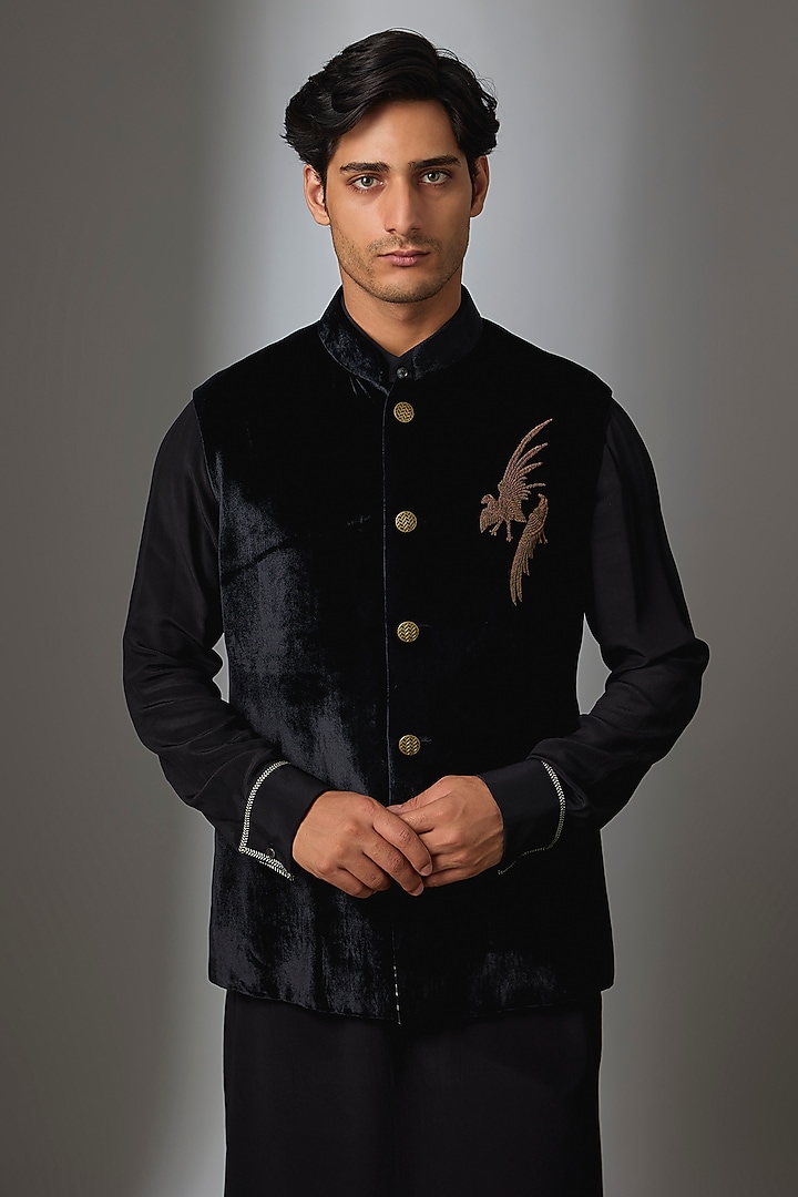 Black Silk Velvet Dabka Work Nehru Jacket Set by JJ Valaya Men at Pernia's Pop Up Shop