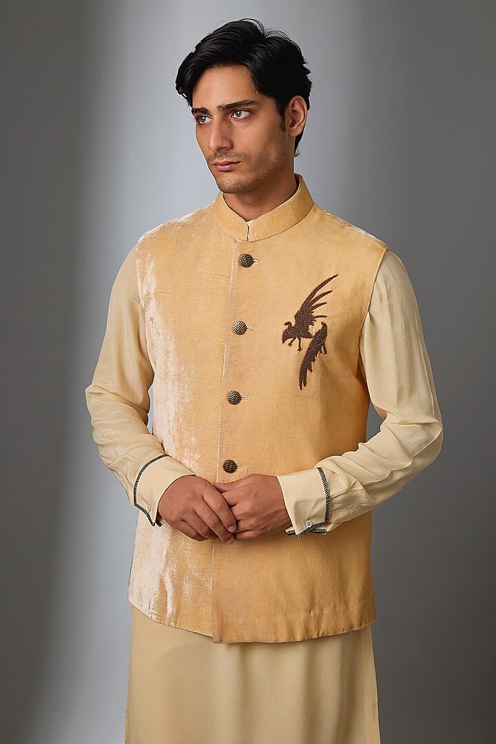 Cream Silk Velvet Motif Embroidered Nehru Jacket Set by JJ Valaya Men at Pernia's Pop Up Shop
