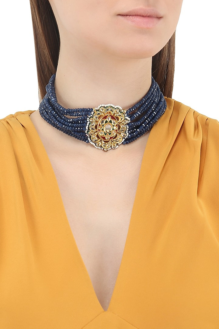 Gold Plated Jadtar and Blue Stone Necklace by Just Jewellery