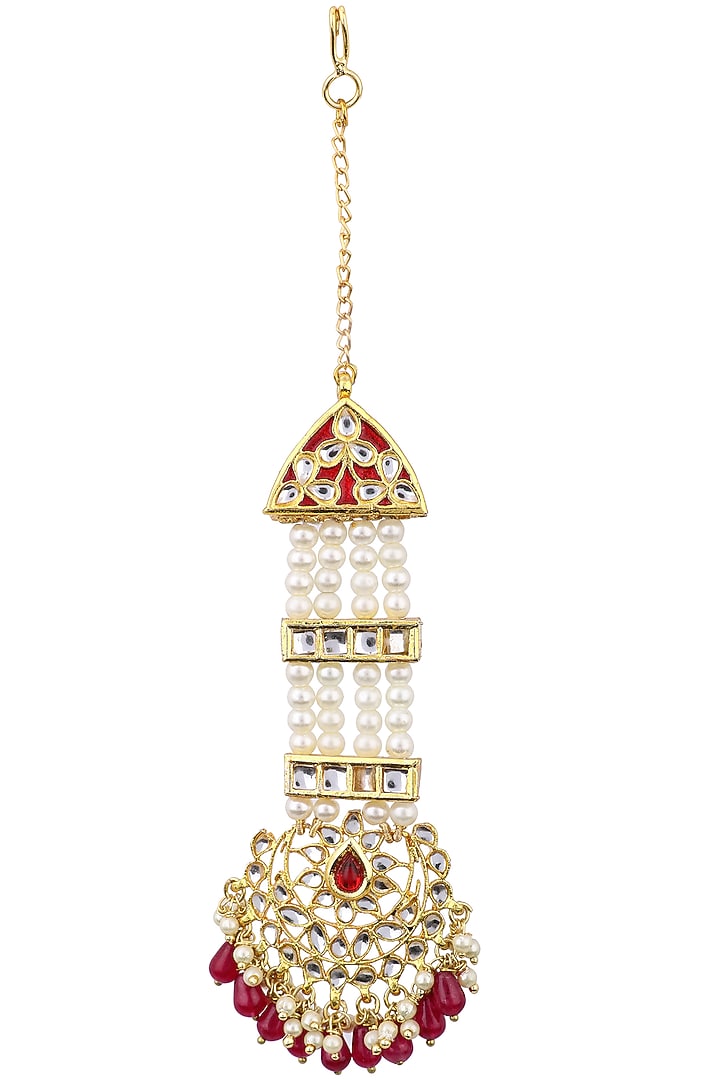Gold plated red thewa crescent shaped maangtika available only at Pernia's Pop Up Shop.