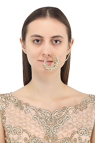 Gold Plated Jadtar and Green Stone Nosering by Just Jewellery