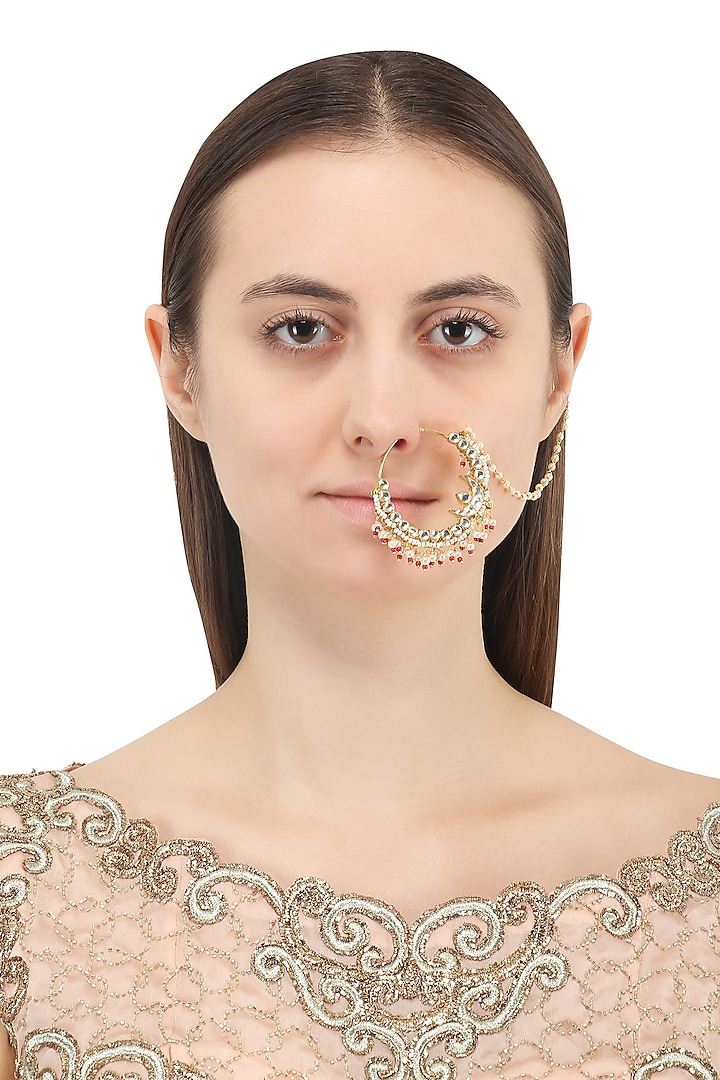 Gold Plated Jadtar and Red Beads Nosering by Just Jewellery