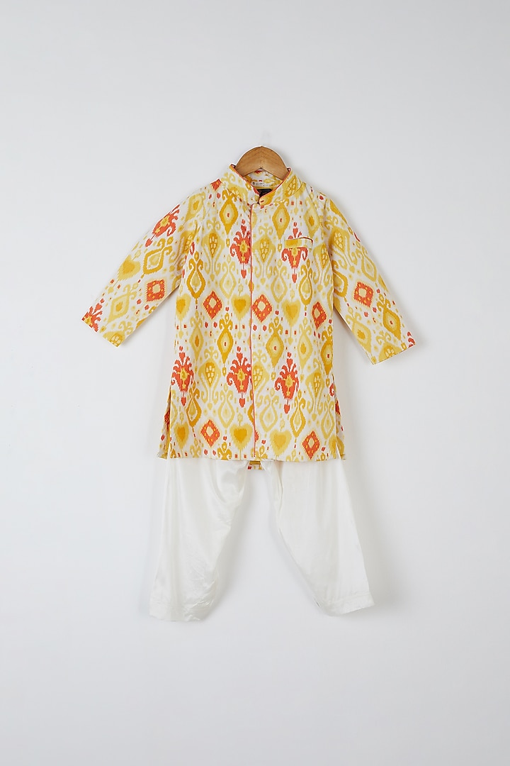 Yellow & Orange Printed Kurta Set For Boys by Yuvrani Jaipur Kidswear