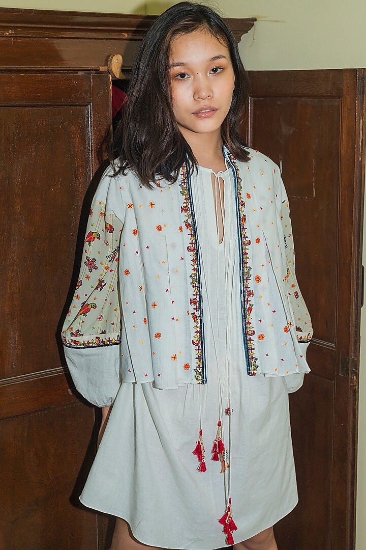 White Handwoven Cotton Embroidered Jacket by Nika