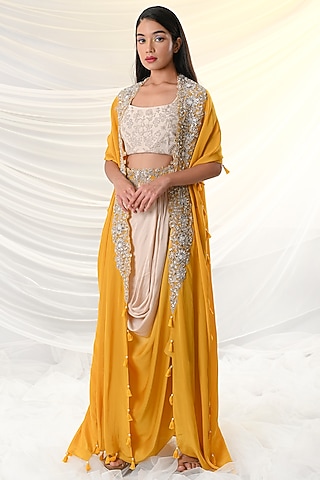 Yellow Ombre Draped Skirt Set by Just Like that by Anju Jain