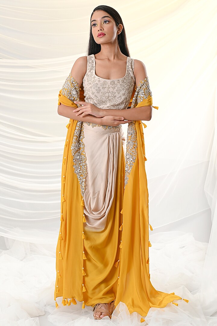 Yellow Ombre Draped Skirt Set by Just Like that by Anju Jain at Pernia's Pop Up Shop