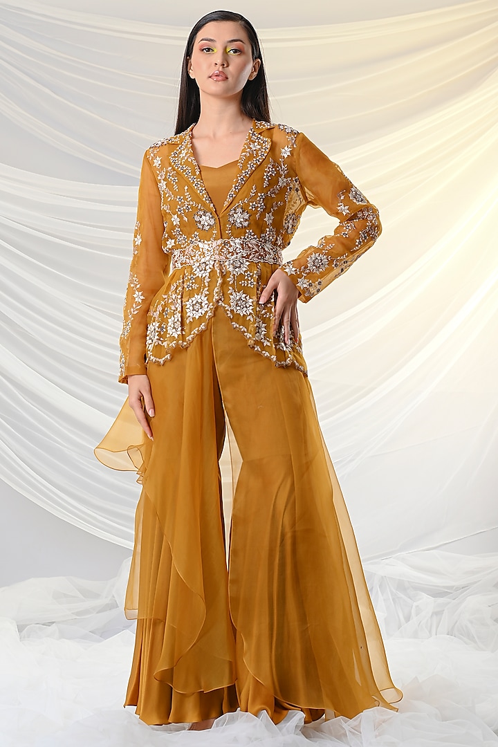 Mustard Yellow Resham Embroidered Jacket Set by Just Like that by Anju Jain
