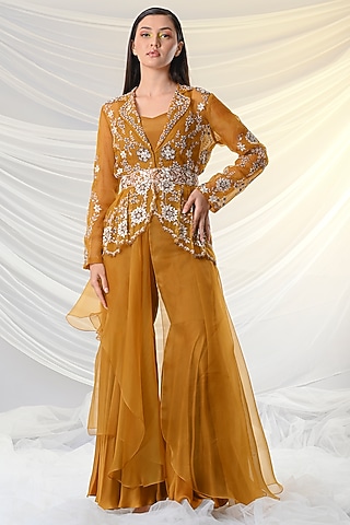 Mustard Yellow Resham Embroidered Jacket Set by Just Like that by Anju Jain