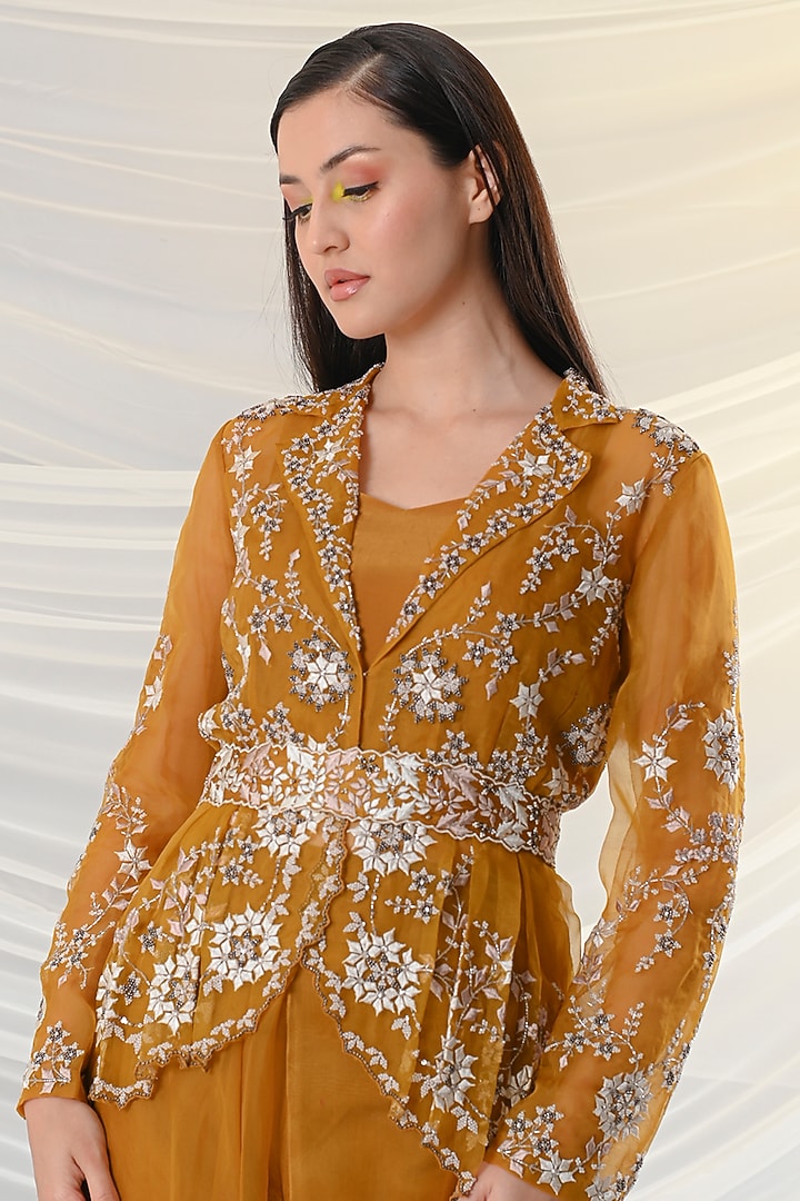 Mustard Yellow Resham Embroidered Jacket Set by Just Like that by Anju Jain at Pernia's Pop Up Shop