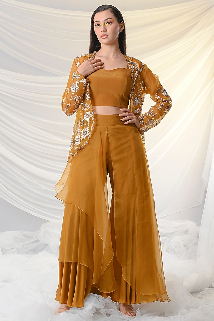 Mustard Yellow Resham Embroidered Jacket Set by Just Like that by Anju Jain at Pernia's Pop Up Shop