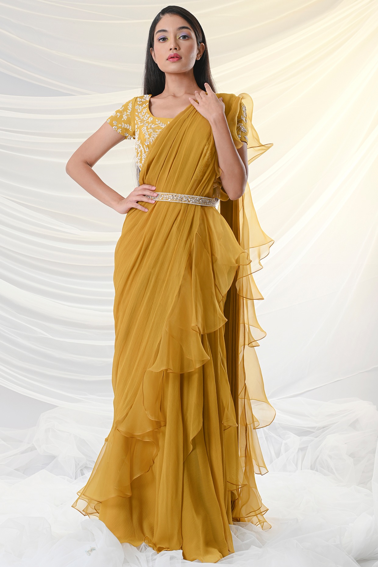 Mustard Yellow Ruffled & Embroidered Saree Design By Just Like That By ...