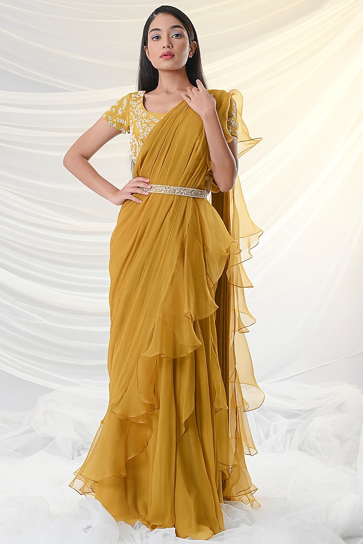 Mustard Yellow Ruffled & Embroidered Saree by Just Like that by Anju Jain