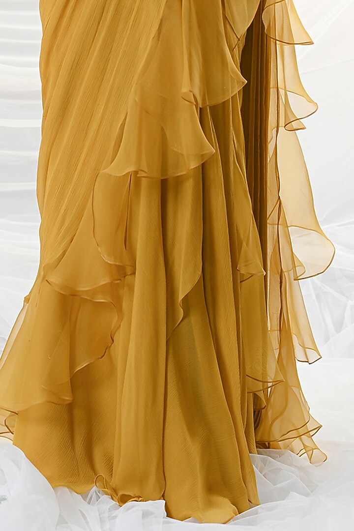 Mustard Yellow Ruffled & Embroidered Saree by Just Like that by Anju Jain at Pernia's Pop Up Shop