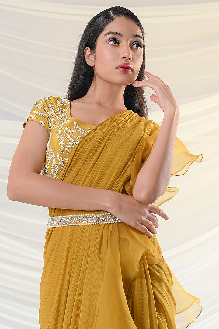 Mustard Yellow Ruffled & Embroidered Saree by Just Like that by Anju Jain at Pernia's Pop Up Shop