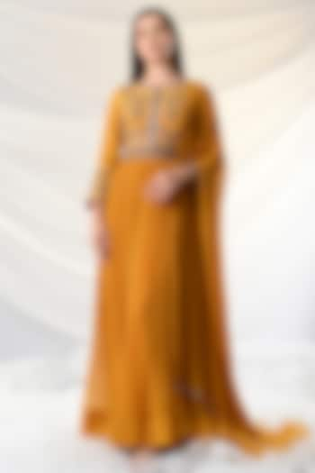 Mustard Yellow Embroidered Anarkali Set by Just Like that by Anju Jain at Pernia's Pop Up Shop