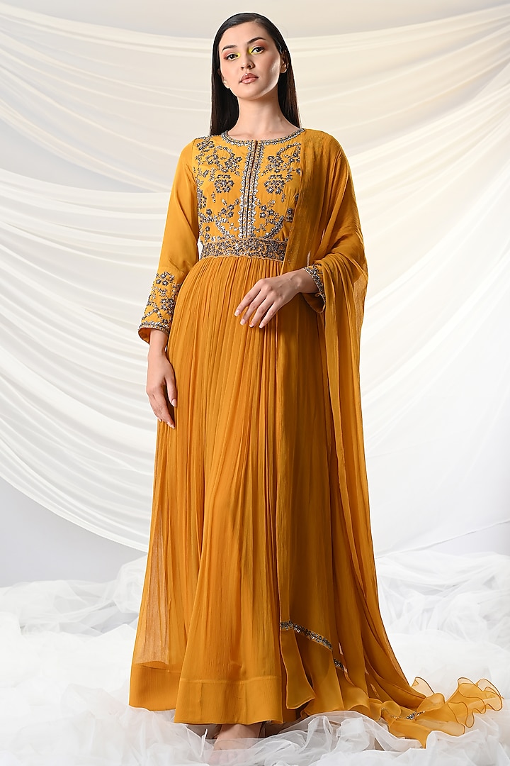 Mustard Yellow Embroidered Anarkali Set by Just Like that by Anju Jain