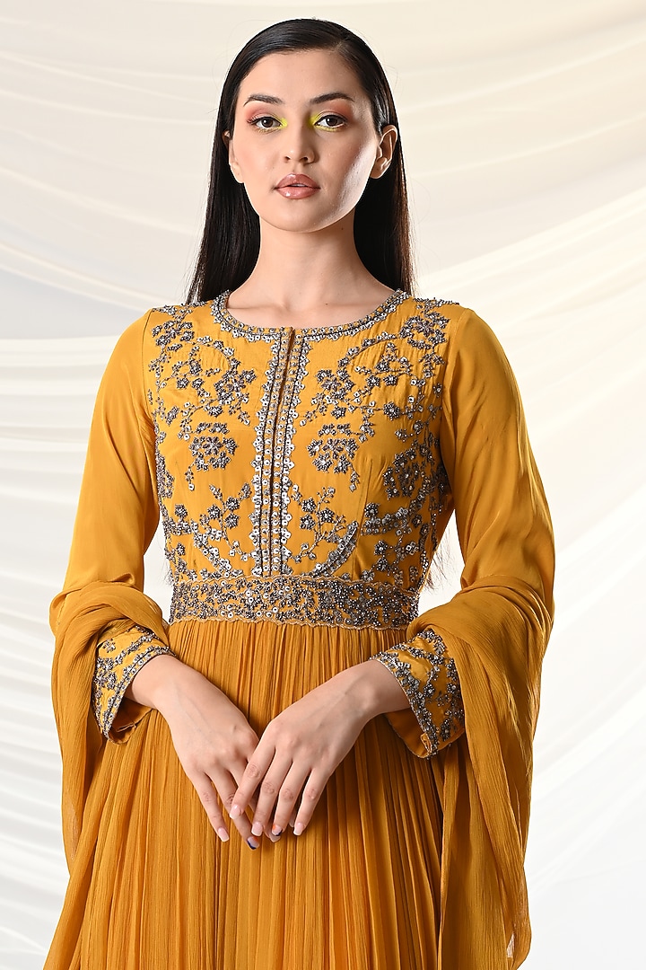Mustard Yellow Embroidered Wedding Anarkali Set by Just Like that by Anju Jain at Pernia's Pop Up Shop