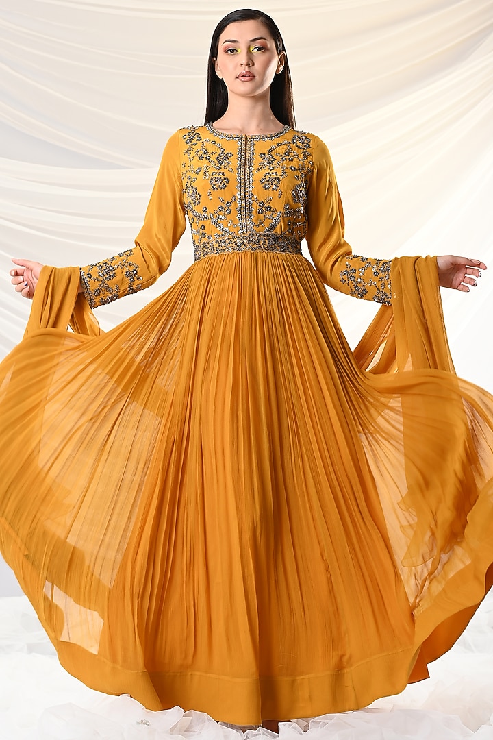 Mustard Yellow Embroidered Wedding Anarkali Set by Just Like that by Anju Jain at Pernia's Pop Up Shop