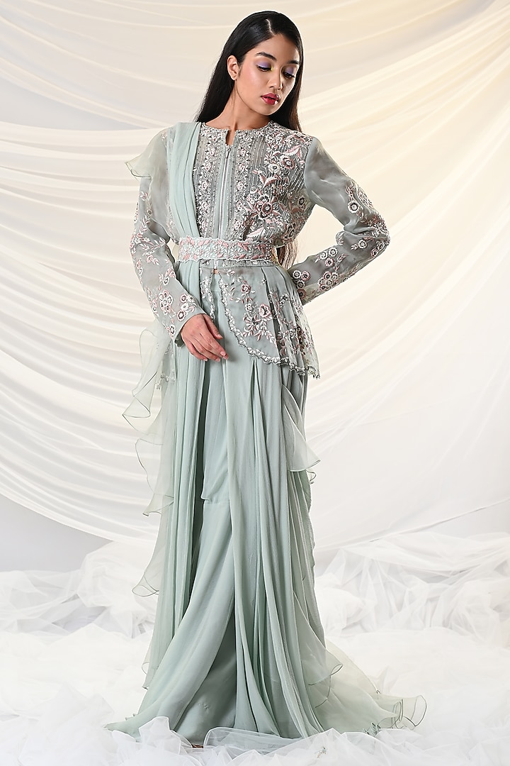 Mint Blue Embroidered Saree by Just Like that by Anju Jain