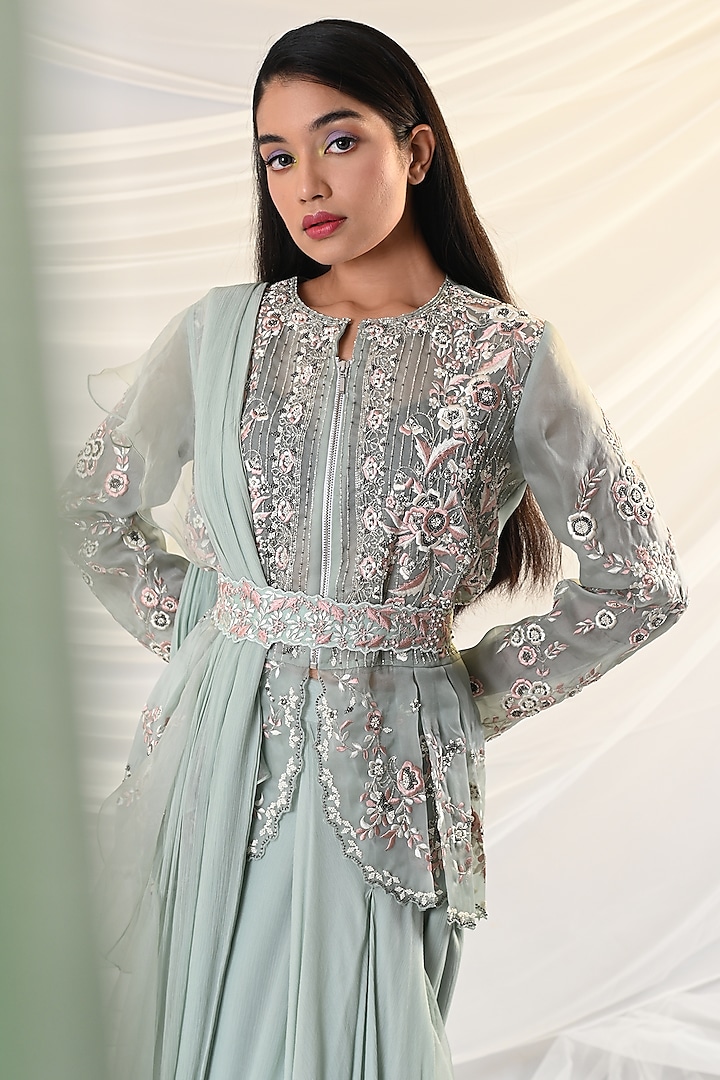 Mint Blue Embroidered Wedding Saree by Just Like that by Anju Jain at Pernia's Pop Up Shop