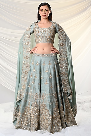 Mint Blue Zardosi-Embroidered Lehenga Set by Just Like that by Anju Jain