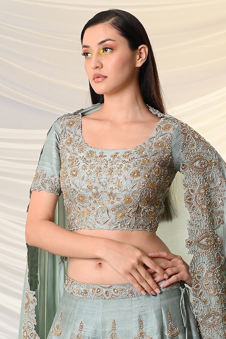 Mint Blue Zardosi-Embroidered Bridal Lehenga Set by Just Like that by Anju Jain at Pernia's Pop Up Shop