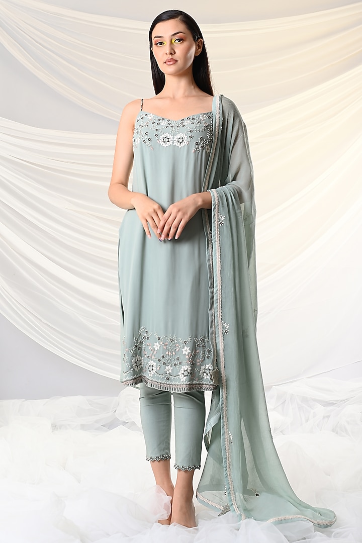 Mint Blue Resham-Embroidered Tunic Set by Just Like that by Anju Jain