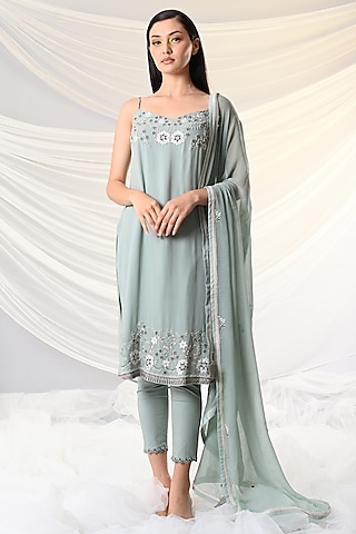 Mint Blue Resham-Embroidered Tunic Set by Just Like that by Anju Jain