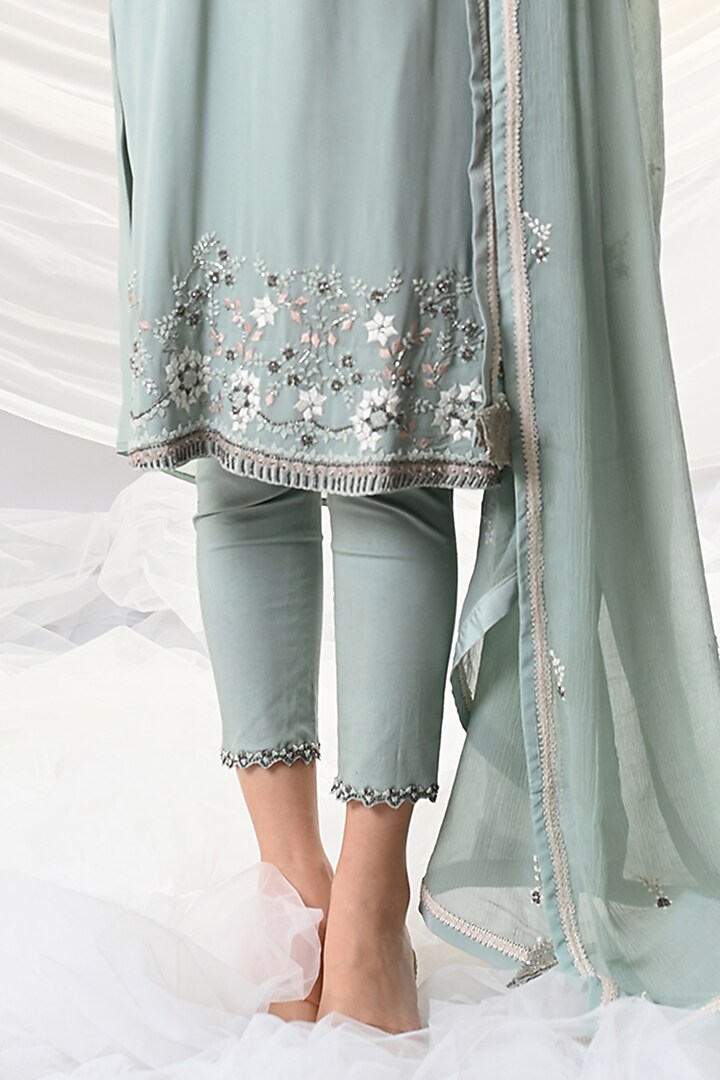 Mint Blue Resham-Embroidered Tunic Set by Just Like that by Anju Jain at Pernia's Pop Up Shop