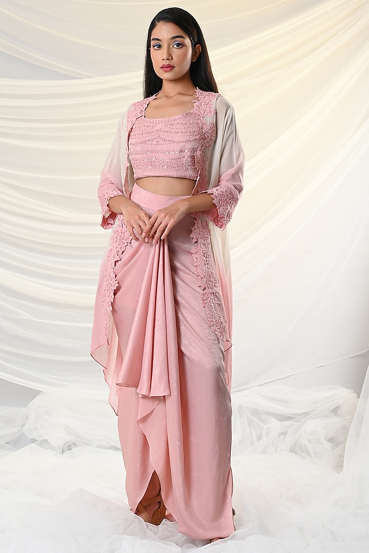 Peach Embroidered & Draped Skirt Set by Just Like that by Anju Jain
