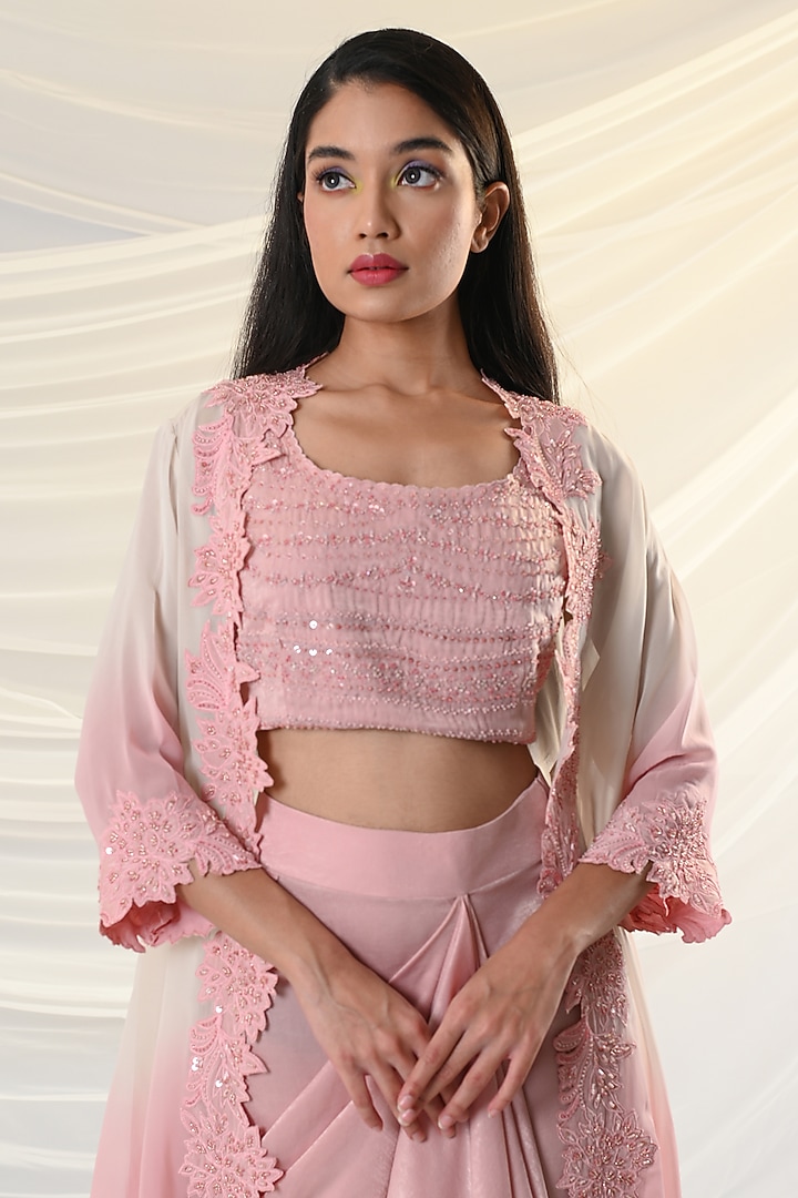 Peach Embroidered & Draped Skirt Set by Just Like that by Anju Jain at Pernia's Pop Up Shop
