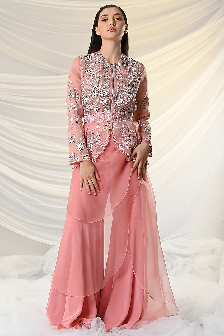 Peach Pearl-Embroidered Jacket Set by Just Like that by Anju Jain