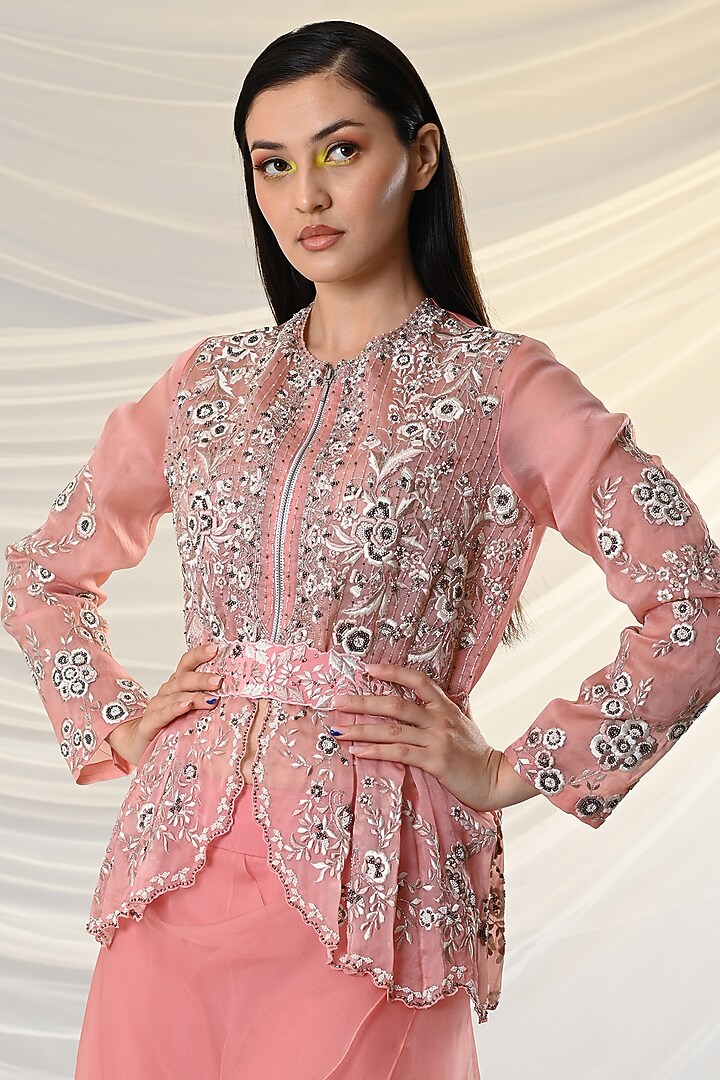 Peach Pearl-Embroidered Jacket Set by Just Like that by Anju Jain at Pernia's Pop Up Shop