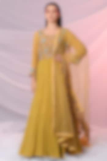 Yellow Sequin-Embroidered Anarkali Set by Just Like that by Anju Jain