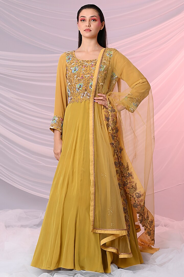Yellow Sequin-Embroidered Anarkali Set by Just Like that by Anju Jain