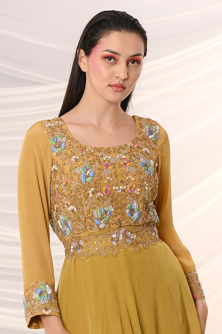 Yellow Sequin-Embroidered Wedding Anarkali Set by Just Like that by Anju Jain at Pernia's Pop Up Shop