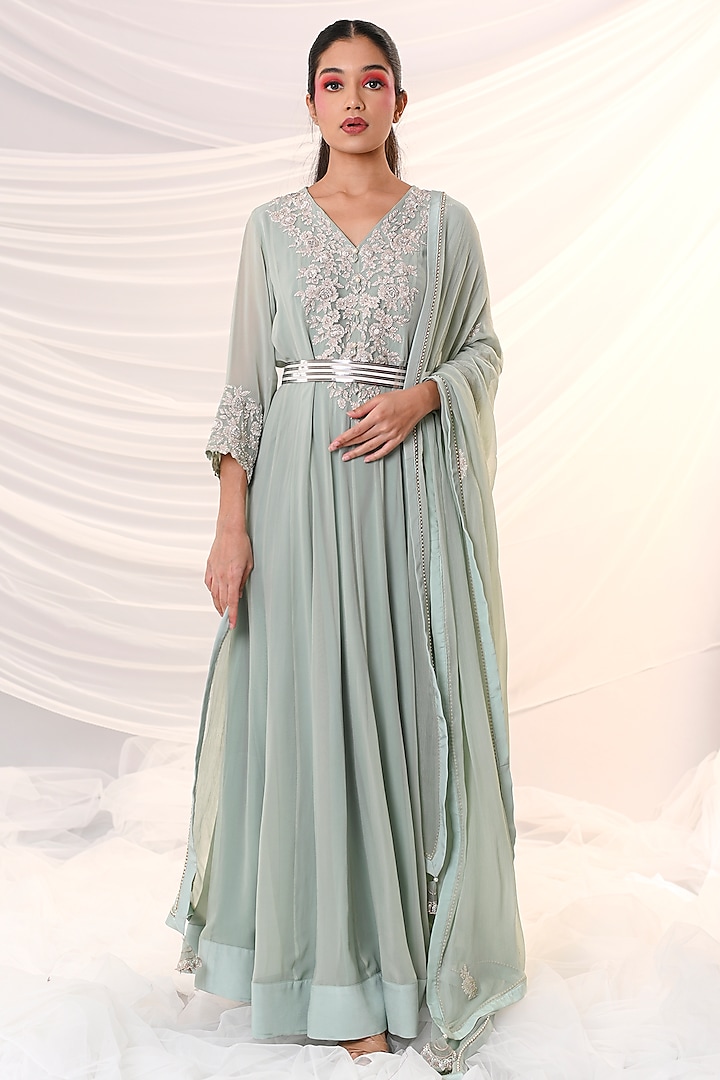 Mint Blue Embroidered Anarkali Set by Just Like that by Anju Jain