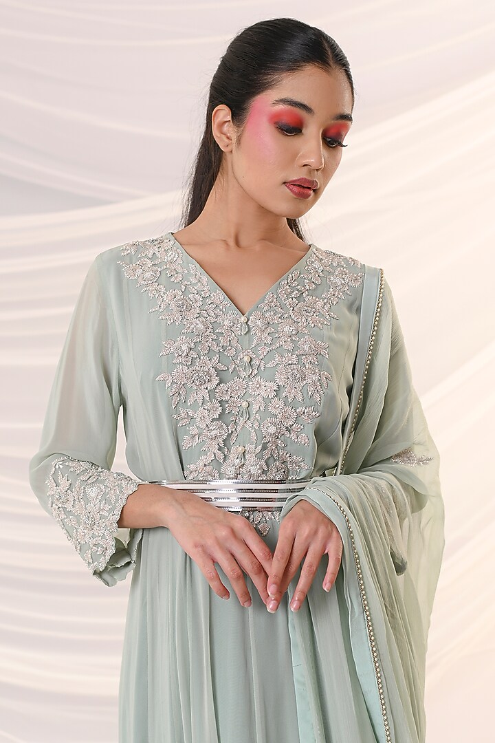 Mint Blue Embroidered Wedding Anarkali Set by Just Like that by Anju Jain at Pernia's Pop Up Shop