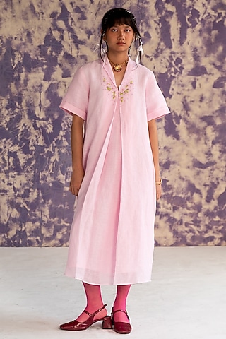 Pastel Pink Linen Bullion Knot Embroidered A-line Dress by Journal by Pranay