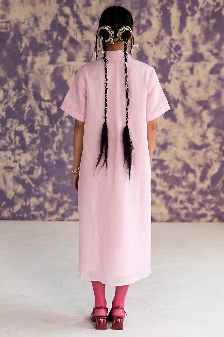 Pastel Pink Linen Bullion Knot Embroidered A-line Summer Dress by Journal by Pranay at Pernia's Pop Up Shop