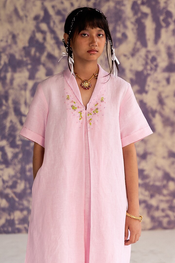 Pastel Pink Linen Bullion Knot Embroidered A-line Summer Dress by Journal by Pranay at Pernia's Pop Up Shop