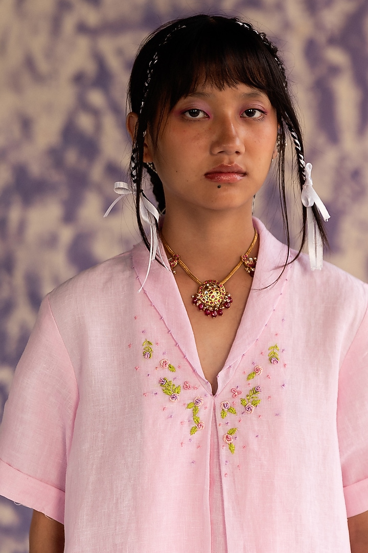 Pastel Pink Linen Bullion Knot Embroidered A-line Summer Dress by Journal by Pranay at Pernia's Pop Up Shop