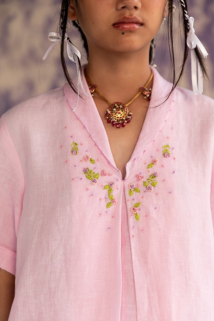 Pastel Pink Linen Bullion Knot Embroidered A-line Summer Dress by Journal by Pranay at Pernia's Pop Up Shop