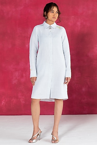Pastel Blue Linen Bullion Knot Embroidered Shirt Dress by Journal by Pranay