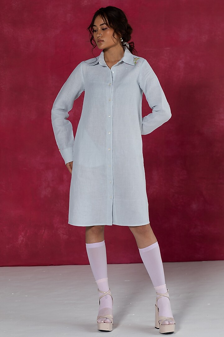 Pastel Blue Linen Bullion Knot Embroidered Summer Shirt Dress by Journal by Pranay at Pernia's Pop Up Shop