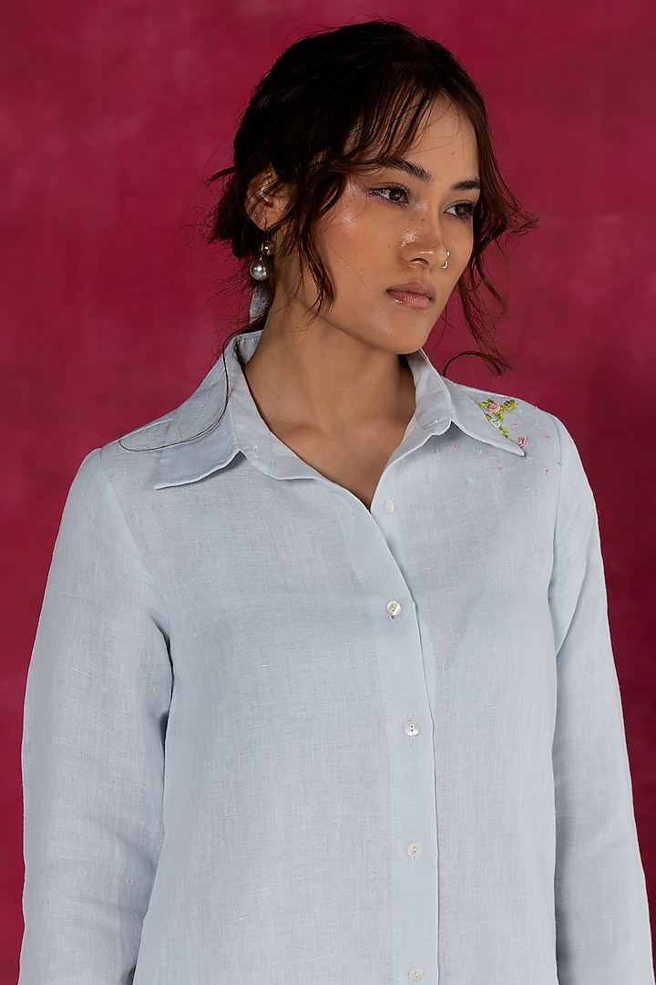 Pastel Blue Linen Bullion Knot Embroidered Summer Shirt Dress by Journal by Pranay at Pernia's Pop Up Shop
