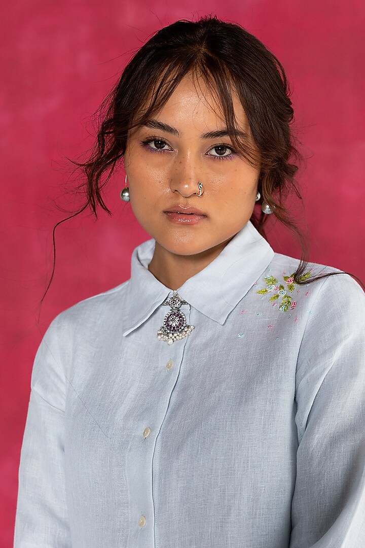Pastel Blue Linen Bullion Knot Embroidered Summer Shirt Dress by Journal by Pranay at Pernia's Pop Up Shop