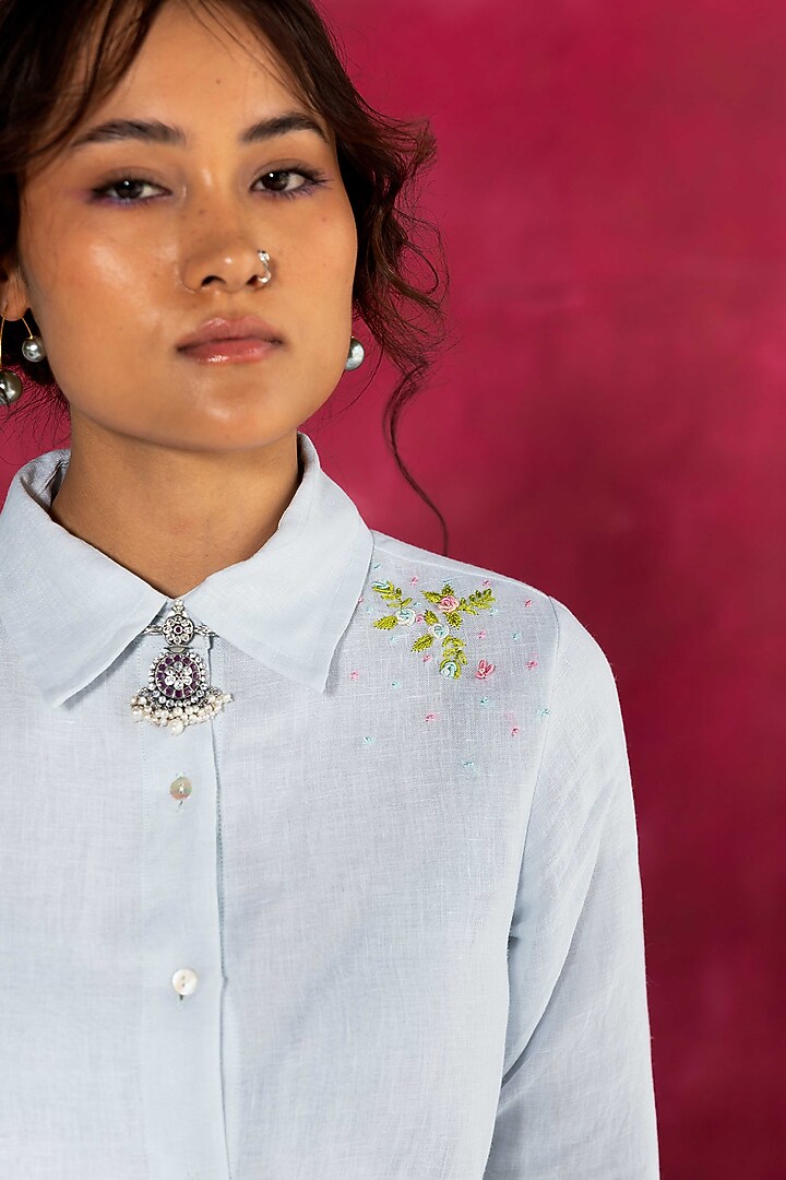 Pastel Blue Linen Bullion Knot Embroidered Summer Shirt Dress by Journal by Pranay at Pernia's Pop Up Shop