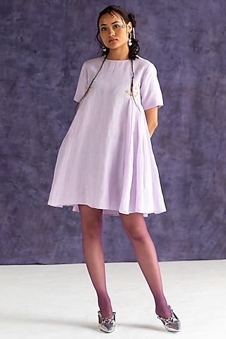 Lilac Linen Bullion Knot Embroidered Knee-Length Dress by Journal by Pranay